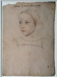 マルグリット・ド・フランス（1523-1574）の肖像 フランソワ1世の娘、サヴォワ公爵夫人の子供 黒石でデッサンし、フランソワ・クルエ（1515-1572）が水彩で血色を良くした 16世紀 シャンティイ、コンデ美術館蔵