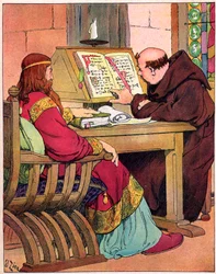 "The King of the Francs Charlemagne (742-814) talking to Alcuin (731-804, English monk from York, forerunner of the reform of the school, Aachen 782" (Portrait of King of Franks Charles the great (Charlemagne) and his adviser Alcuin of York (Ealhwine, A