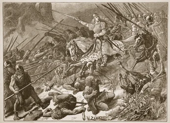 ウェールズ人と戦う「女王の女神」、「カッセルの図解されたイングランドの歴史」のイラスト（セピア写真）