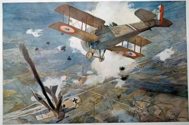 第一次世界大戦「空中戦」 炎を上げて落下する敵機。フランソワ・フラメン（1856-1923）による水彩画 1918年 個人蔵