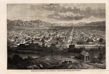 セインツ（ユタ州）を引用した大汚湖の都市のパノラマ。1860年にモルモン教の国の首都であるセインツの都市を訪れたリチャード・バートンの旅を説明するために、フェロージオが描いたもの。エドゥアール・シャルト編『Le tour du monde』に掲載されたエングレーヴィング