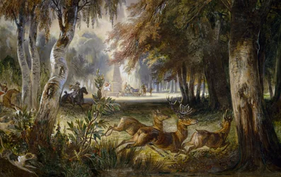 ワグラムの王子の狩り、The pursuit、フランソワ・ガブリエル・ギヨーム・ルポール（1804-1886）の水彩画。