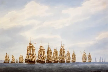 フリゲート艦3隻、コルベット艦3隻の計9隻の艦隊の出港（水彩画）Francois Roux（1811-1882）作、フランス
