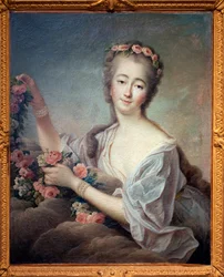 マダム・デュ・バリー・アン・フローレ（ジャンヌ・ベキュ、バリー伯爵夫人（またはマダム）、1743～1793年）の肖像 - フランソワ・ユベール・ドルーエ（1727～1775年）の絵画、油彩・キャンバス