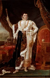 ヴェストファーレン王ジェローム・ボナパルト（1784-1860）の肖像、ヴィルヘルムスホーエの庭園の前で フランソワ・ジョセフ（Francois-Joseph）・キンソン（1770-1839）またはキンソーンの絵画。19世紀 日2,1x1,4 m Versailles musee du chateau