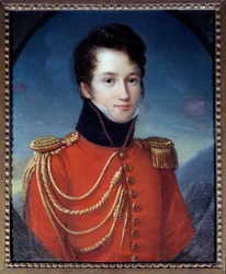 作家・劇作家のアルフレッド・ド・ヴィニー（1797-1863）の肖像 王家の家の憲兵として制服を着ている フランソワ・ジョセフ・キンソン（1771-1839）の絵画 19世紀 日。0.59x0.48 m パリ、カルナヴァレ美術館