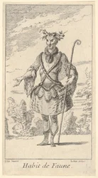 Habit de Faune: a faun, a stane in his right h..., ca. 1721年。