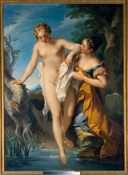 浴女とその次 フランソワ・ル・モワンヌ（1688-1737）の絵画。18世紀の作品。薄暗い。1,63 x 1,17 m トゥール、ミュゼ・デ・ボザール