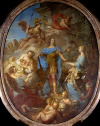 ヨーロッパに平和を与える国王ルイ15世（1710-1774） セビリア条約締結時のアレゴリー、女神ミネルバが表現されている。フランソワ・ル・モワンヌ（1688-1737）による絵画 1729年 日3,82x2,95 m 。