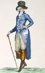 ルボーの彫刻が施された精巧なブルーコートを着たロイヤルハウスのマスター、「Galeries des Modes et Costumes Francais」c.1778-87のプレートNo.256