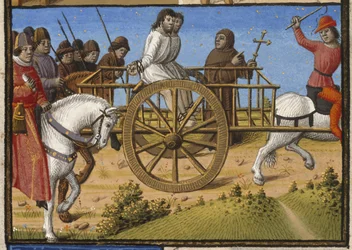 Harley 4375, f.140 パリの Valerius Maximus 作「Les Faits et les Dis des Romains et de Autres Gens」(または「Memorabilia」) からのイラスト、聖職者を伴ったカートに乗った 2 人の囚人が処刑に連れて行かれる