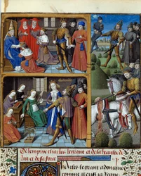 フランク王国の王シャルルマーニュ（742-814）の生涯を描いた作品。Vincent de Beauvais (1184/94-1264)の手稿「歴史的鏡」のミニチュアに、15世紀の巨匠Francoisが手を加えたものです。シャンティ、コンデ