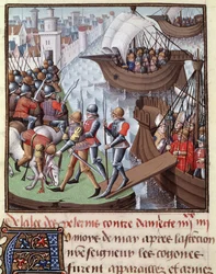 第七回十字軍：1249年、ダミエットからサン・ルイが率いるクロワズの艦隊。師匠フランソワ（15世紀）の手稿「Le Mirror historial de Vincent de Beauvais」第3巻からのミニチュア。Fol.418r.シャンティのコンデ美術館