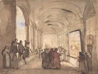 回廊で絵画を調べる枢機卿、19 世紀前半。