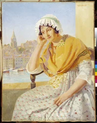 マルセイユのリヴ・ヌーヴ河岸テラスのマダム・コンタンサン。 Francois Marius Valere Bernard (1860-1936) による絵画、必須の言及: プロヴァンス、マルセイユのコレクション財団の敬意。