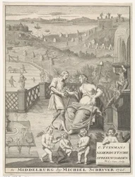 庭師から花を受け取るオランダの処女 タイトル ページ: Carolus Tuinman、(...) Nederduitsche のことわざの起源と解釈、1726 年。