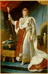 戴冠式の衣装をまとったフランス皇帝ナポレオン1世（1769-1821）の全身肖像。1805年。寸法：2.23 x 1.43メートル。ヴェルサイユ、宮殿美術館