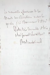1821年1月7日、シャトーブリアンが全権公使としてベルリンに赴く途中、フランクフルトで書かれた筆者の署名入りの手紙（紙にペンとインク）
