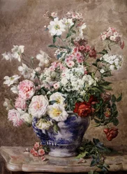 青と白の花瓶に入ったアネモネとバラの静物画。フランソワ・リヴォワール（1842-1919）作 個人蔵