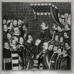 ルイ2世（1337-1410）クレメント伯爵、シャルル5世（1338-80）に敬意を表する 14世紀のミニアチュールのコピー（紙に水彩）（モノクロ写真あり
