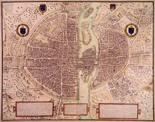 タペストリーに描かれている1540年から1555年のパリの街の地図。フランソワ・ロジェ・ド・ガイニエール（1642-1715）によるエングレーヴィング。paris, B.N.