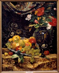 花と果実。 フランソワ ヴェルネイ (1821-1896) の絵画