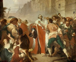 1648年8月27日、フロンドの時代のバリケードの日に派閥に抵抗した印章兵マチュー・モール（1584-1656） カの提案した新税に反対して逮捕されたピエール・ブルッセルの釈放を求める群衆の怒り。