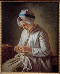 Portrait de woman has the book Young woman knitting.フランソワーズ・デュパルク（1726-1778）による絵画 18世紀 日。0,78x0,64 m マルセイユ、ミュゼ・デ・ボザール - 編み物をする女性の肖像。フランソワーズ・デュパルク（1726-1778）作の絵画
