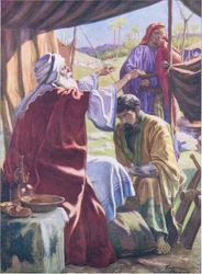 祝福を受けるヤコブ（1950年頃、トーマス・ネルソン社発行の「The Bible Picture Book」より）（カラーリトグラフ