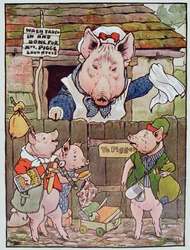1930年代に出版された「三匹の子豚」の挿絵（カラーリトグラフ）「彼女は彼らを自分たちの生活を見つけるために家の中から追い出した