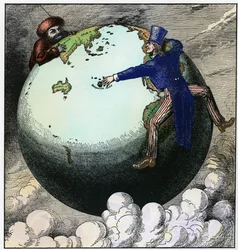 世界恐慌：地球をめぐって戦うアンクルサムとロシアの敵、1875年頃（エングレーヴィング）