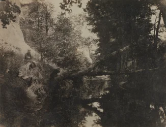 川岸に座っている人物のある風景、c。 1856年。