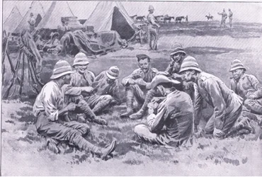 アフタープレトリアからの休息を楽しんでいる疲れた兵士：1901年にHarmsworth Bros Limitedが発行したゲリラ戦争