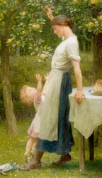 「イヴの娘たち 枝についたリンゴを取ろうとする少女。フランク・ディックゼー（1853-1928）による水彩 1925年 個人蔵