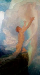 「山の頂上にいる男が、儚げな女性の姿を捉えようとしている。フランク・ディックシー（1853-1928）（前グラファイト）の絵画