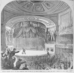 1865年5月20日の「フランクレスリーのイラスト入り新聞」からの1865年4月14日、フォードの劇場の箱に収められたエイブラハムリンカーン（1809-65）の暗殺
