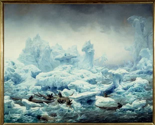 氷の海の眺め、グリーンランド人によるセイウチ漁 絵画：フランソワ・オーギュスト・ビアール（1799-1882） 1841年 日。1,3x1,63 m Dieppe, musee du chateau - 北極海でのセイウチ漁の様子。極海の眺め、セイウチを狩るグリーンランド人。による絵画