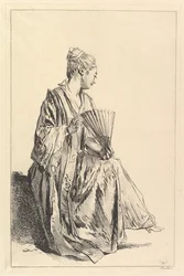 座っている女性、右側のプロフィール、ファンを演じる1720-70。