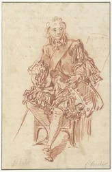 椅子に座るジョドレット モリエールの作品の 1734 年版 (vol. I、p. 247) の Les Précieuses Ridicules のイラストのデザイン (シリーズ タイトル)