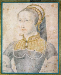 アンリ4世の母であるナバラ王妃ジョアン・オブ・アルブレ（1528 - 1572）の肖像。フランソワ・クルエ（1515-1572）による黒い石と血のドローイング