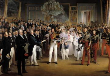 1830年の革命"1830年7月8日、王宮にて、代議員会がオルレアン公ルイ・フィリップ1世（1773-1850）に王位継承法と1830年の憲章を提示" 詳細フランソワ・ジョセフ・ハイム（1787-18）による絵画