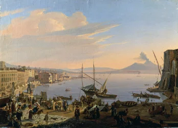 ヴェスヴィオ火山を背景にしたナポリの眺め、Frans Vervloet（1795-1872）作、油彩・キャンバス、35x48 cm