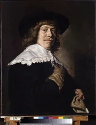 手袋を持った男の肖像画。 手袋を保持している若い男の肖像画。 Frans Hans Hals I (1581-1666) による絵画、1650 年頃。キャンバスに油彩。 オランダの芸術、バロック様式。 エルミタージュ美術館、サンクトペテルブルク。
