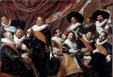 ハーレムの聖ゲオルギウスの弓兵隊の士官たちの宴 絵画 フランツ・ハルス（1580年頃～1666年） 1627年 日。179 x 257.5 cm ハールレム、フランツ・ハルス美術館、オランダ