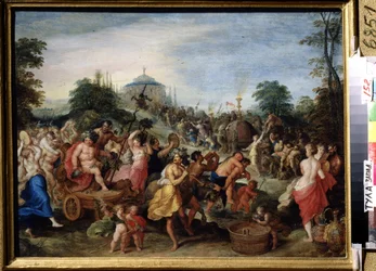 「バッカスの行列」 バッカス、サテュロス、バッカンテスの踊り、演奏を表現。 Franz (Frans) Francken II the Younger (1581-1642) (ec.flam.) による絵画 17 世紀 国立美術館、トゥーラ、ロシア