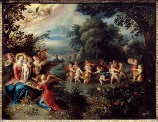 音楽家や天使の踊りに囲まれた風景の中で、マドンナが子供を抱いています。Frans Le Jeune Franken（1581-1642）による絵画 Ec.Flam.