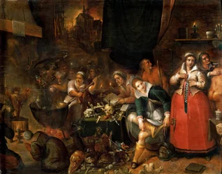 魔女の台所」フランツ・フランケン（1581-1642）。木に油彩、1610年頃。寸法：52x66,1 cm。ヴィエンヌ美術史博物館
