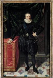 ヘンリー4世（1553-1610）の足元の肖像 王は聖霊の騎士団（Order of the Holy Spirit）の徽章をつけている。フランシス・プールバス・ル・ジューンの絵（フランソワ（フランツ）・ポルバス