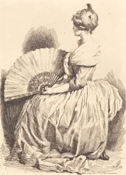 扇風機を持った着席女性