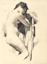 片方の腕に頭を乗せて座っている若い裸の女性